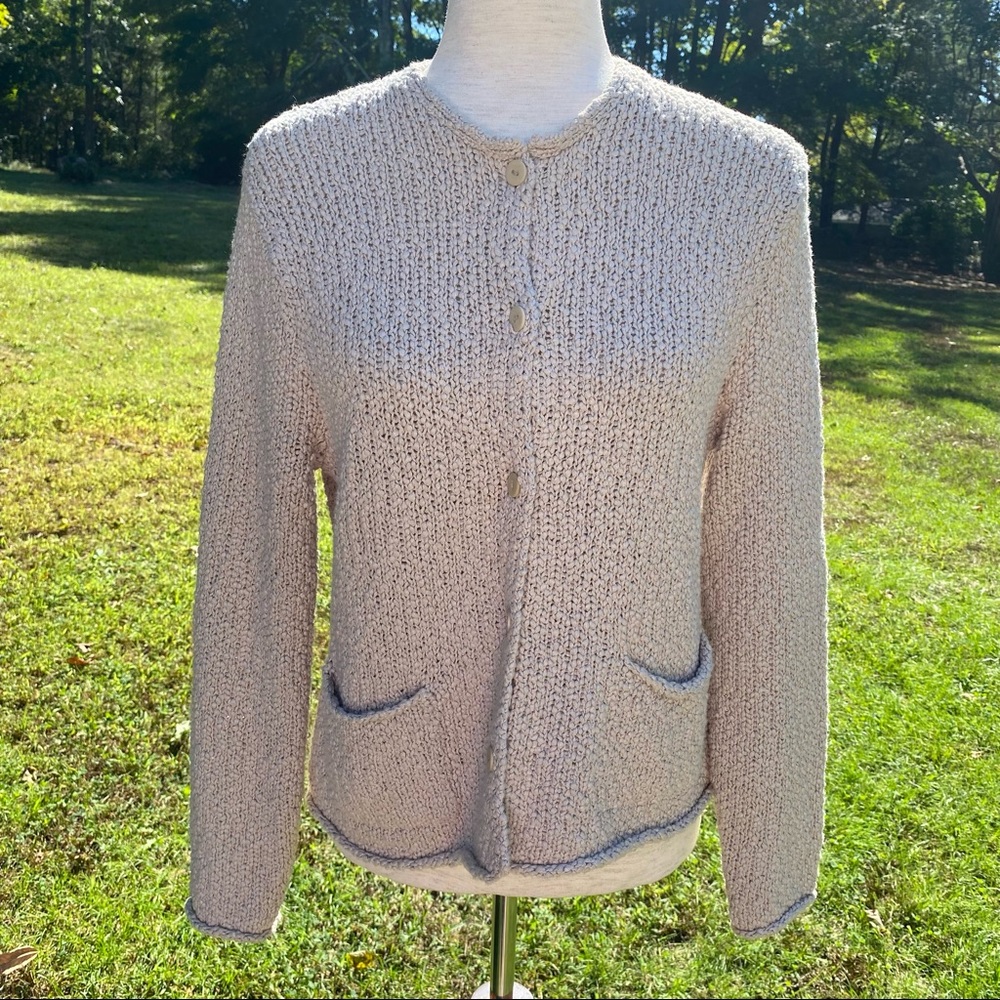 EILEEN FISHER SWEATER CARDIGAN TAN LONG SLEEVE BUTTON FRONT POCKETS Size M